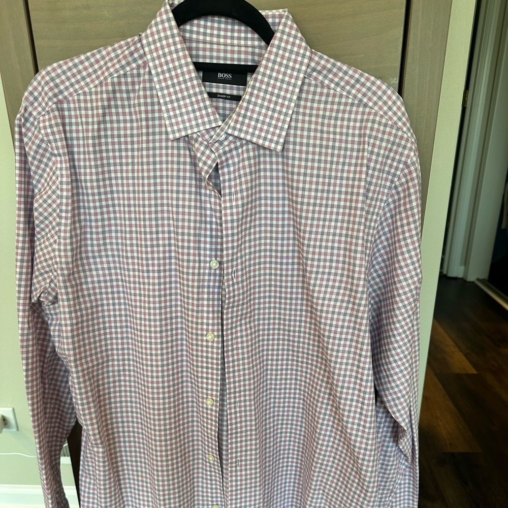 Hugo Boss Sharp Fit Dress Shirt – Purple Gingham, Size 16.5 34/35